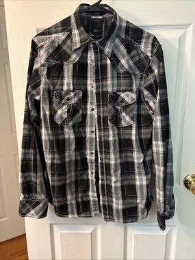 BKE Black & White Plaid Western Button-Down Shirt